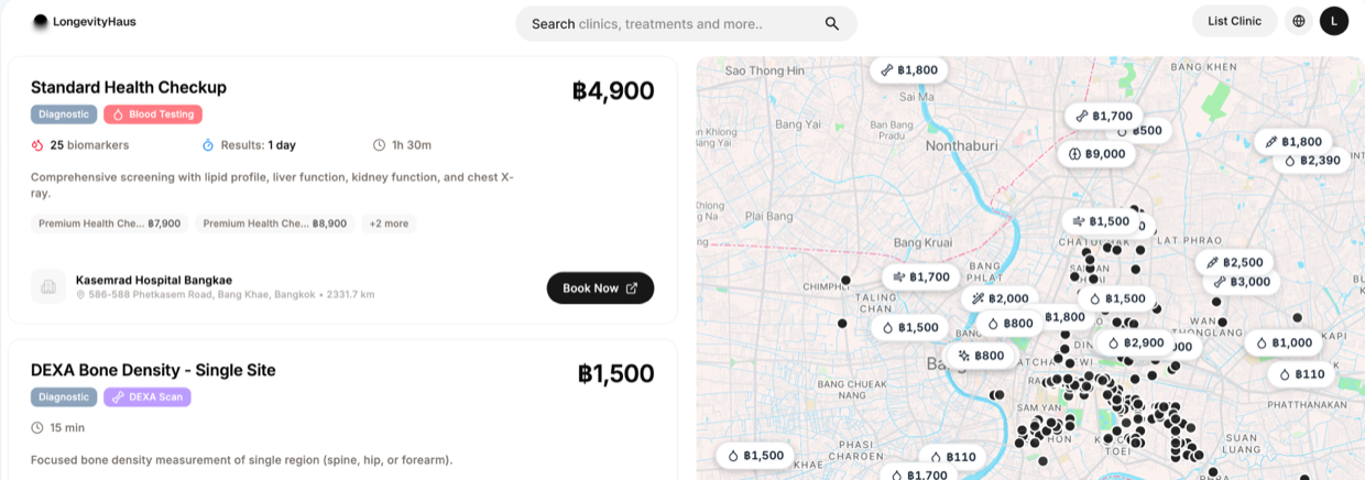 Live search: treatment cards with real prices and a Bangkok map of price pins